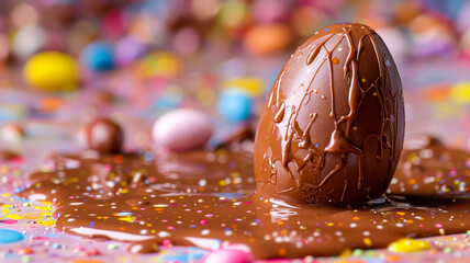 Seasonal Easter celebration background of a melting chocolate Easter egg on a colourful background with a bokeh candy background Easter card image desktop wallpaper