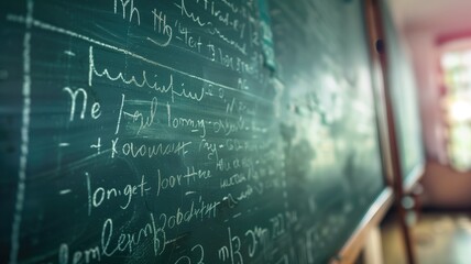 Chalkboard filled with complex mathematical formulas and equations