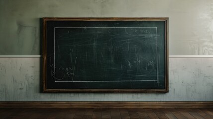 An aged wooden frame surrounds a used chalkboard, set against a muted classroom wall