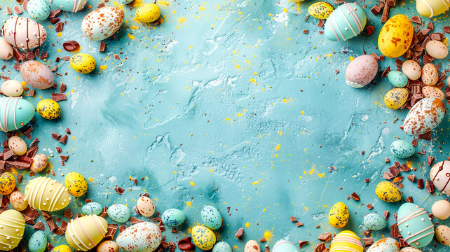 Beautiful colourful  seasonal Easter design with easter eggs and chocolate easter backdround image on a slate background easter card design