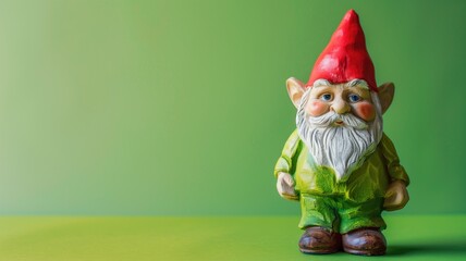 A whimsical garden gnome standing proudly against a solid green background, evoking fairytale charm
