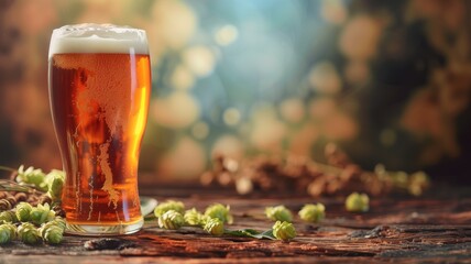 Close-up of a refreshing glass of craft beer surrounded by scattered hops on a wooden surface
