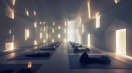 A group of people are doing yoga in a modern studio. The room is lit by soft, natural light.