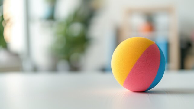 A colorful stress ball centered on a bright office desk, with a blurred background