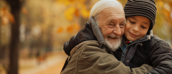 Homem mais velho abraçando seu neto no parque em pleno outono - obrazy, fototapety, plakaty