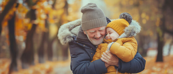 Homem mais velho abraçando seu neto no parque em pleno outono