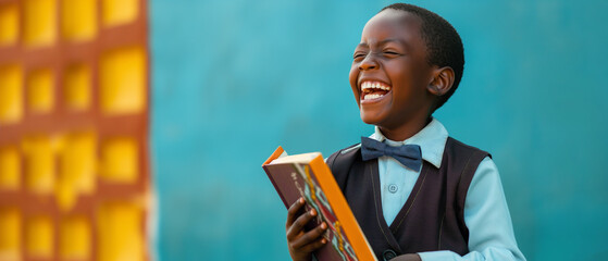 Garoto afro segurando um livro e dando risada  - obrazy, fototapety, plakaty