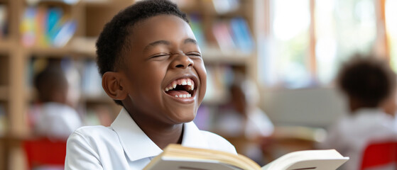 Garoto afro lendo um livro na biblioteca da escola e rindo