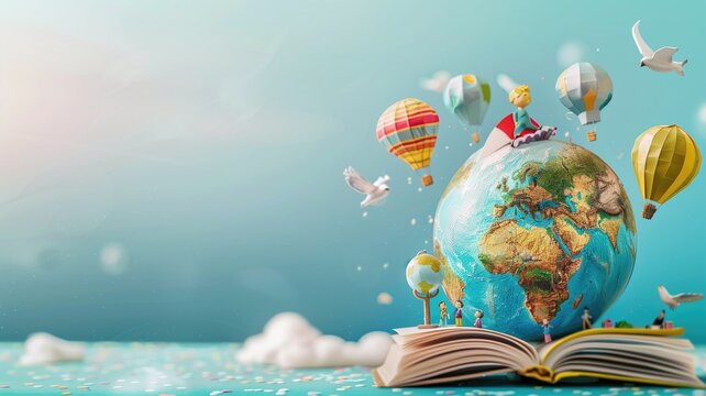 Colorful hot air balloons fly over a globe atop an open book