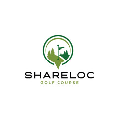 golf course logo with landscape view and location icon
