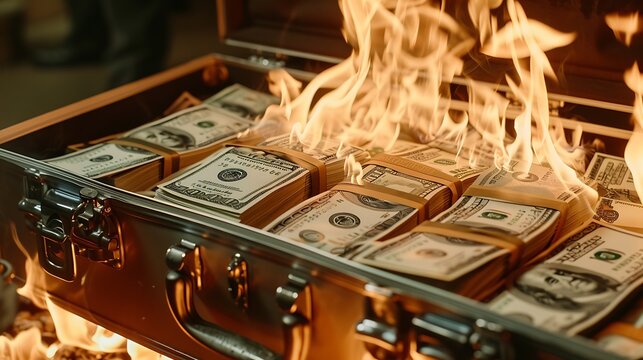 Flames engulf a briefcase full of one hundred dollar bills, symbolizing the destructive power of greed and the futility of pursuing wealth at any cost