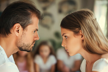 Naklejka premium A man and young girl stare intently at each other, both showing determination.