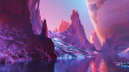 A beautiful landscape of a distant planet with a large moon in the sky.