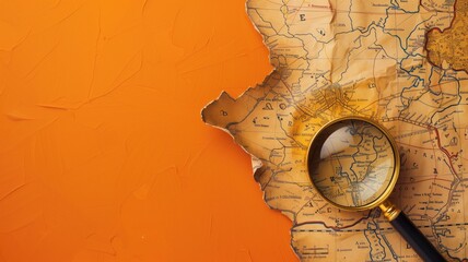 A magnifying glass over a vintage map on a vibrant orange surface, exploration theme
