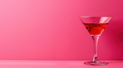 A cosmopolitan cocktail stands against a vivid pink backdrop, symbolizing festivity