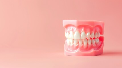 Obraz premium A dental model displaying a set of human teeth on a pink background