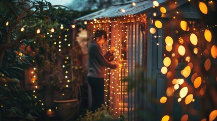 Woman decorating greenhouse with festive lights