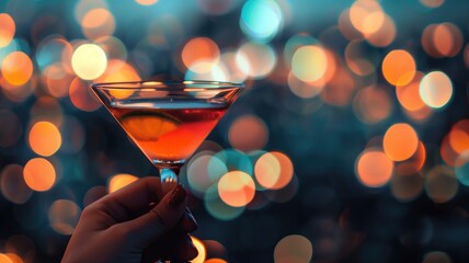 Hand holding a cocktail glass, festive bokeh lights creating a celebratory atmosphere - obrazy, fototapety, plakaty