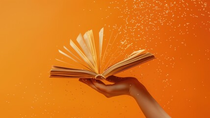 A hand holds an open book with magical sparks flying out on an orange backdrop