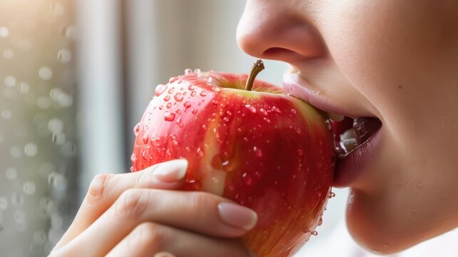 Close-up of a woman biting into a dewy, fresh red apple with visible water droplets