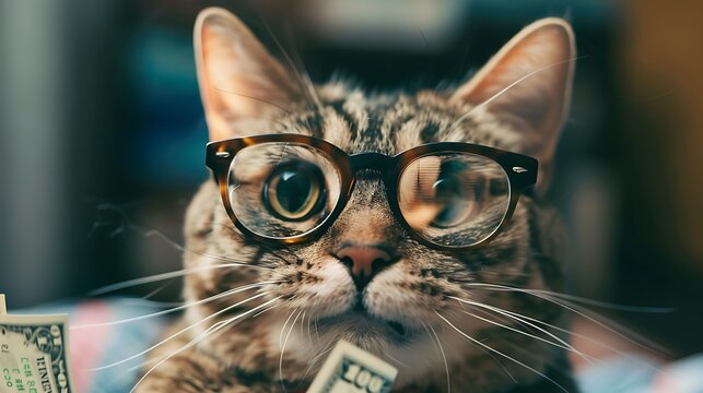 A close-up of a cat wearing horn-rimmed glasses and holding a $100 bill in its mouth. The cat is looking at the camera with a curious expression.