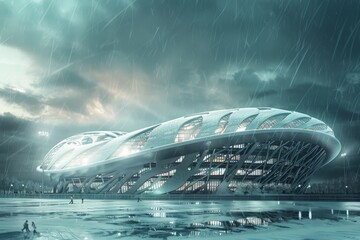 Futuristic stadium under the rain