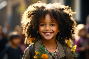 girl with afro and typical clothing from her country smiling and happy - obrazy, fototapety, plakaty