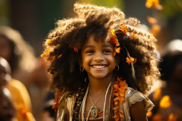 girl with afro and typical clothing from her country smiling and happy