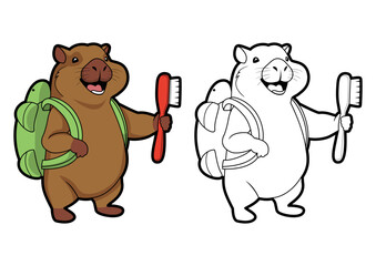The cartoon character Capybara is holding a toothbrush and has a turtle-shaped backpack on its back