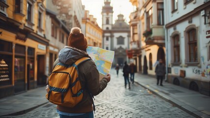 Back view of a traveler with a backpack holding a map on a picturesque cobblestone street - obrazy, fototapety, plakaty