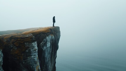 Obraz premium Solitary figure standing at the cliff's edge in a foggy landscape