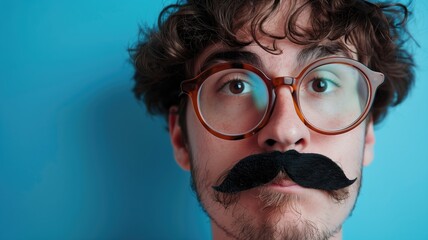 A man with a playful expression oversized glasses and a fake mustache