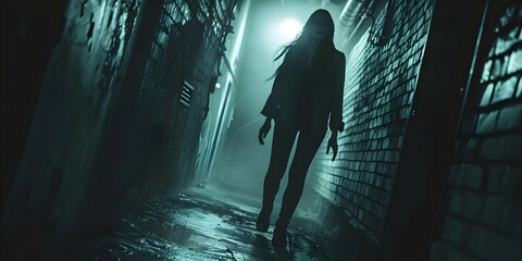 Woman running in fear from sinister figure in dimly lit alley: horror concept. Concept Horror Photoshoot, Fearful Expressions, Sinister Characters, Dim Lighting, Urban Setting - obrazy, fototapety, plakaty