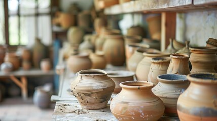 Assorted pottery on shelves in a sunny workshop - obrazy, fototapety, plakaty