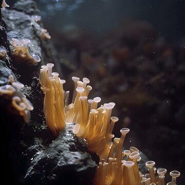Tube worms swaying near hydrothermal vent. Concept Deep-Sea Ecosystems, Hydrothermal Vents, Underwater Life, Tube Worms, Marine Biology