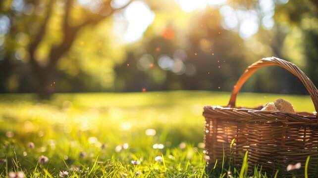 A wicker basket with bread basks in the warm sunlight on a grassy meadow dotted with wildflowers