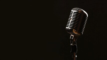 Classic microphone silhouetted against a dark, moody background