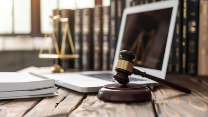 A gavel and law books in front of a laptop, symbolizing legal profession