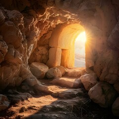 Symbolic depiction of Easter resurrection through dramatic artistic edit showcasing light shining into empty stone tomb. Concept Easter Resurrection, Symbolic Depiction, Dramatic Artistic Edit