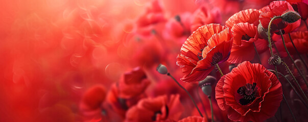 Close up of red poppy flowers on a blurred red field background, border design with copy space, studio shot in a vibrant color scheme with natural light - obrazy, fototapety, plakaty