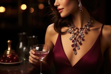 festive cocktail party featuring a model showcasing a statement ruby necklace.
