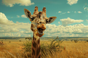 Curious Giraffe, Head Close-up, African Savannah Backdrop, Serene Sky, Majestic Wildlife