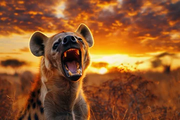 Photo sur Plexiglas Hyène Sunset Savanna: Hyena's Call Embraced by Golden Hour Brilliance