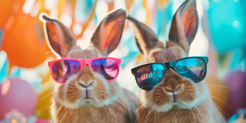 Easter party concept. Cool easter bunnys in sunglasses on a party - obrazy, fototapety, plakaty