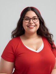 A stylish plus-size brunette woman in a red shirt and trendy glasses.