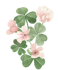 Watercolor Clover Bouquet Hand-painted Clover Leaf and Floral Illustration