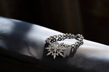 Close-up of a woman's wrist adorned with a silver snowflake charm bracelet.