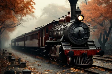 Fototapete Rund Autumn scene at classic train station  steam locomotive, falling leaves, nostalgic art, warm tones © RECARTFRAME CH