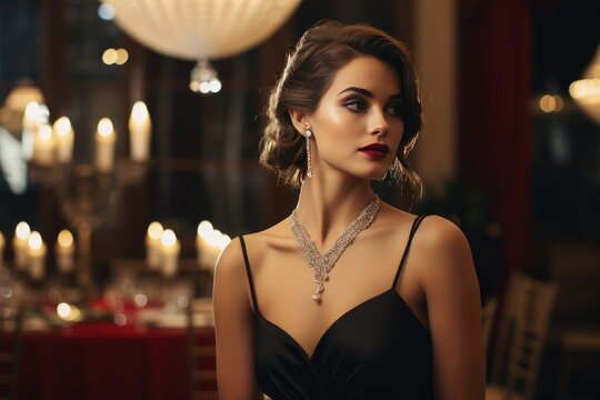 Elegant holiday ballroom setting with a woman wearing a glamorous crystal choker necklace.