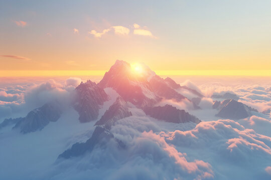 Imagine the top of the Alps mountains covered in clouds during sunrise in a foggy, golden hour. The high resolution photography captures the scene with high details, sharpness, definition, and focus. 